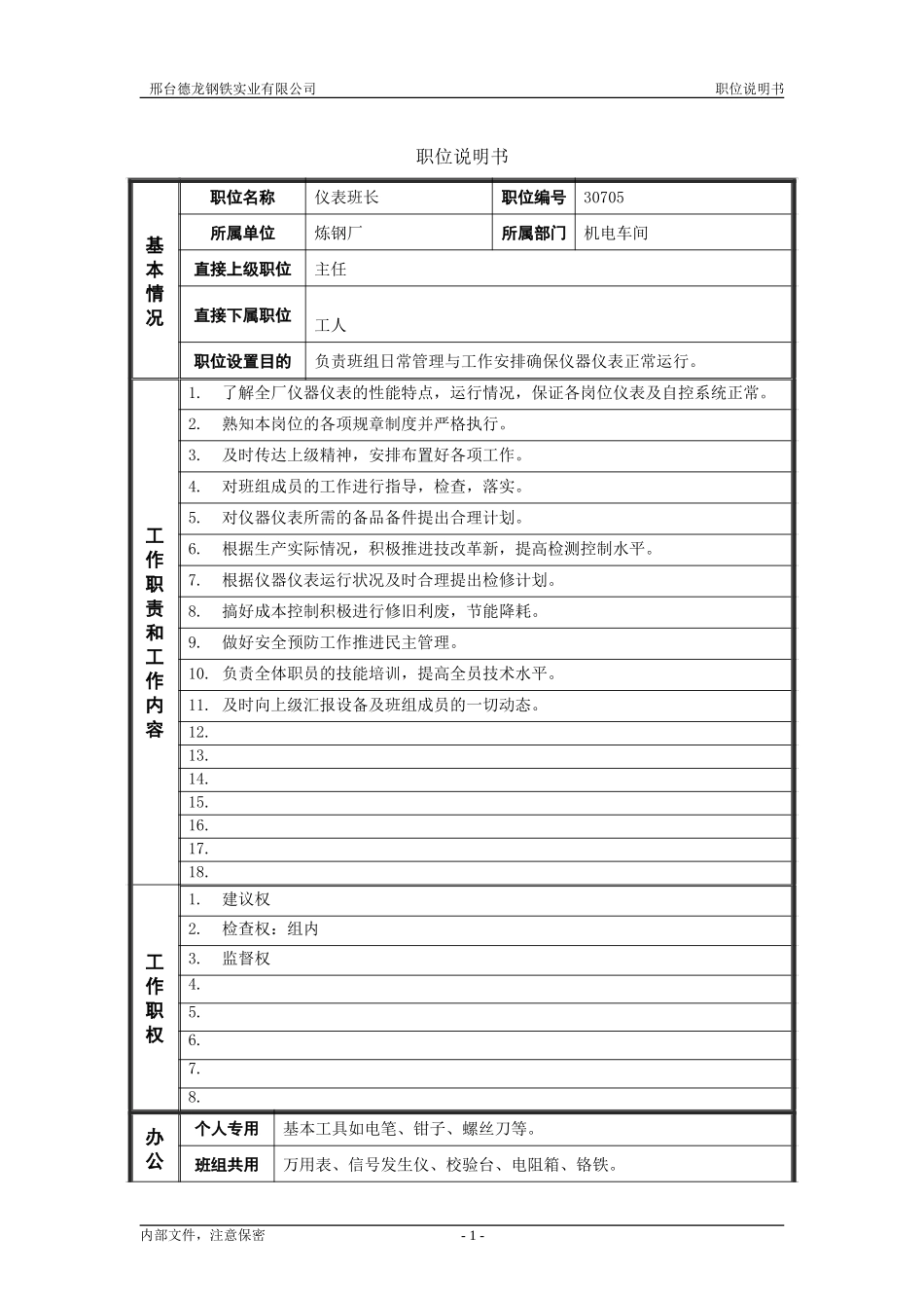 5炼钢厂机电车间仪表班长职位说明书.doc_第1页