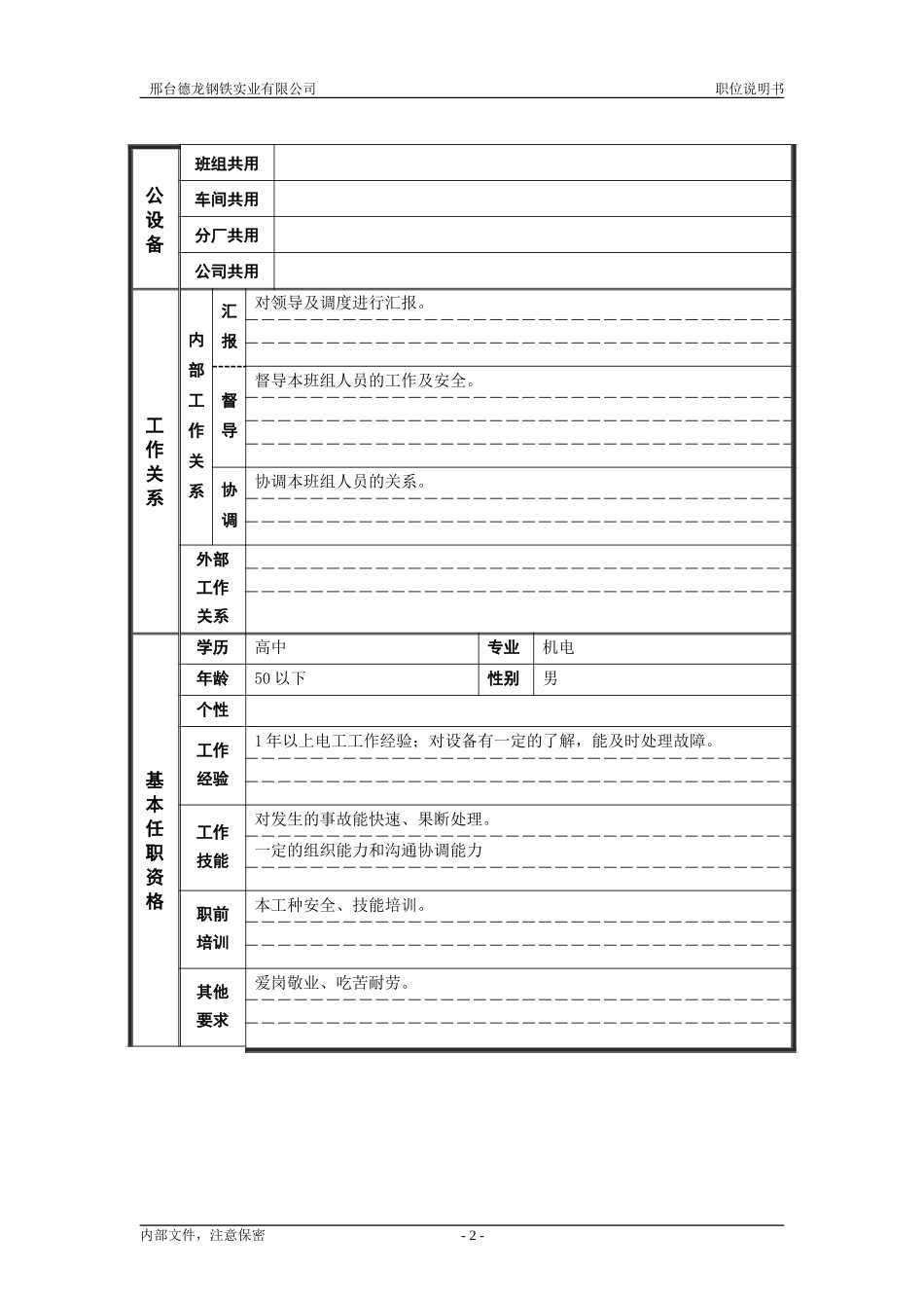 6机电车间电工组长职位说明书.doc_第2页