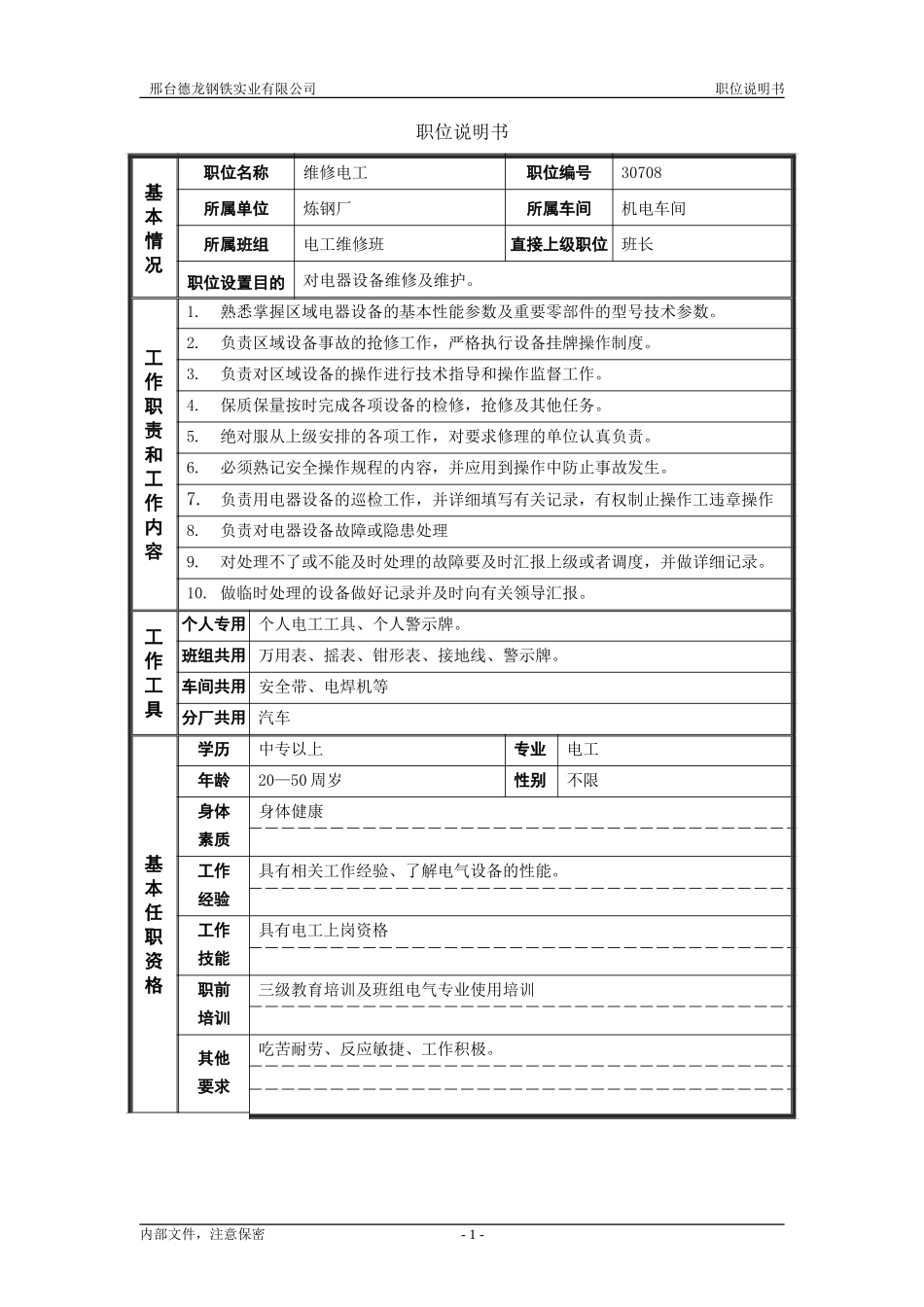 7机电车间电工职位说明书.doc_第1页