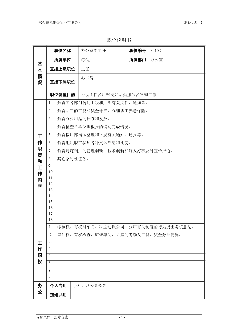 炼钢厂办公室副主任职位说明书.doc_第1页