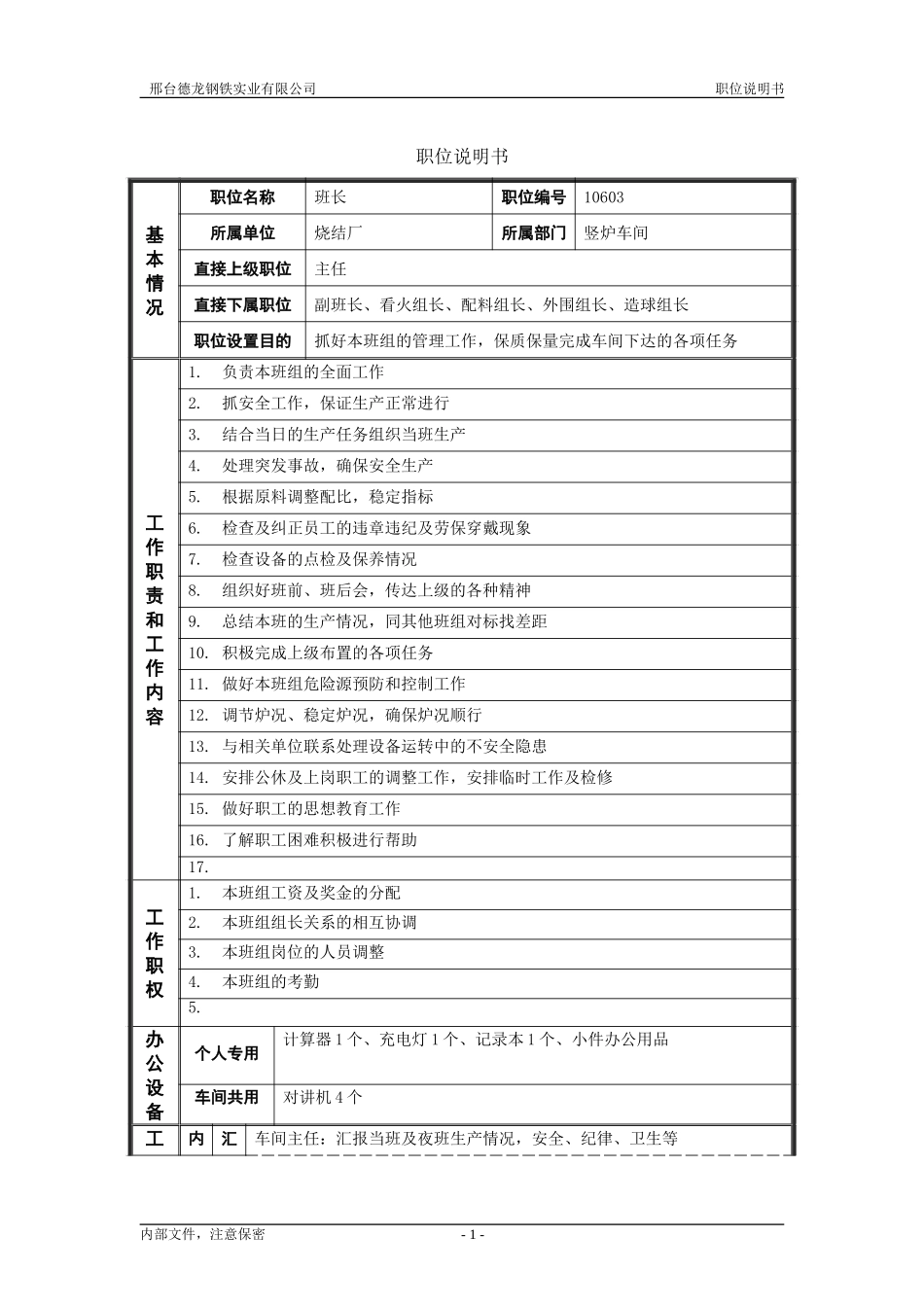 烧结厂职位说明书－竖炉班长-0716.doc_第1页