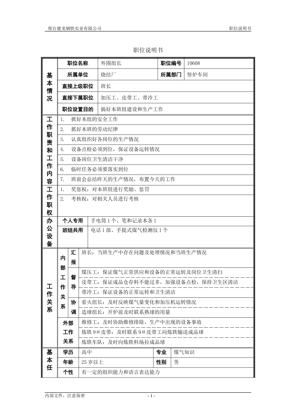 烧结厂职位说明书－外围组长-0618.doc_第1页