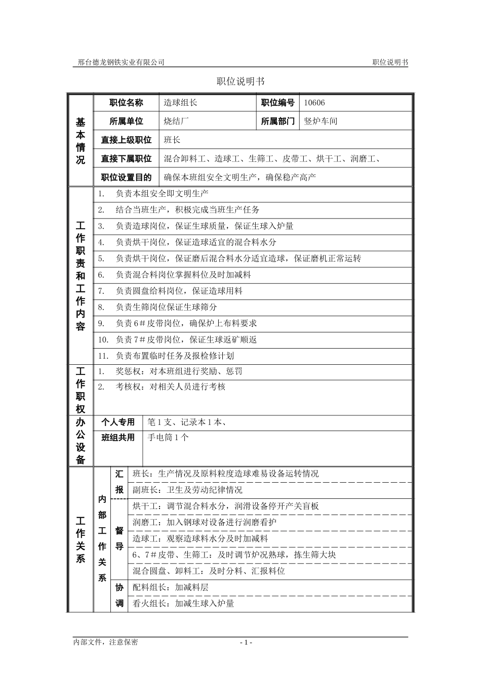 烧结厂职位说明书－造球组长-0716.doc_第1页