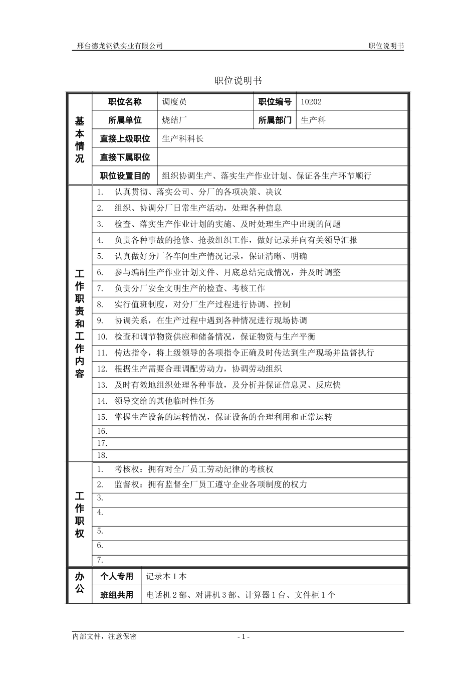 烧结厂职位说明书－调度员-0716.doc_第1页