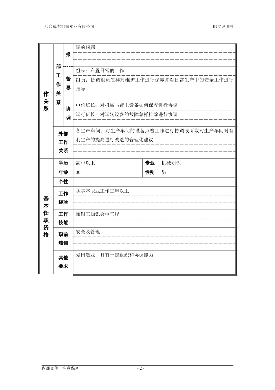 烧结厂职位说明书－机械班长-0619.doc_第2页