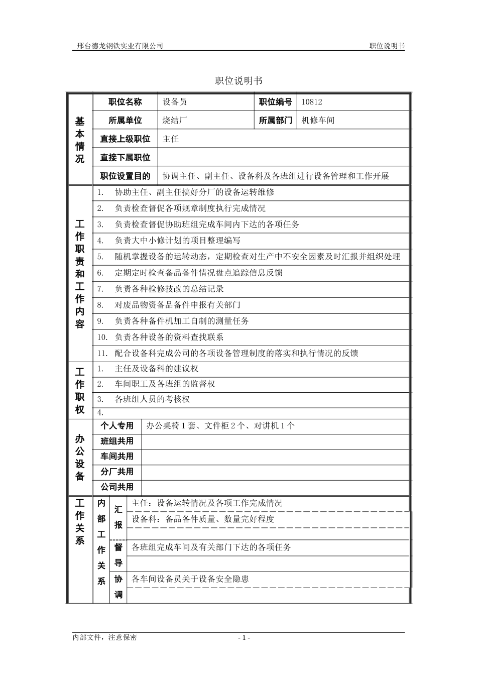 烧结厂职位说明书－设备员-0619.doc_第1页