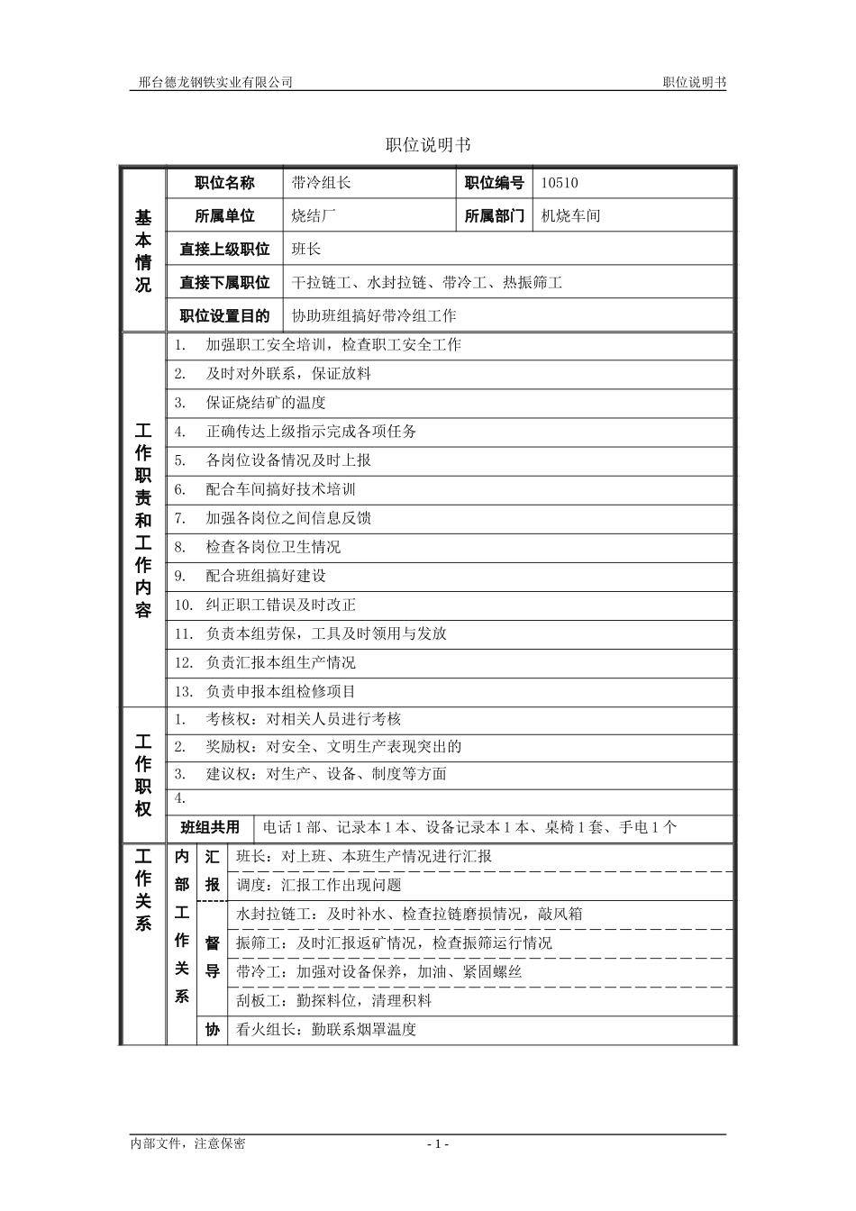 烧结厂职位说明书－带冷组长-0621.doc_第1页