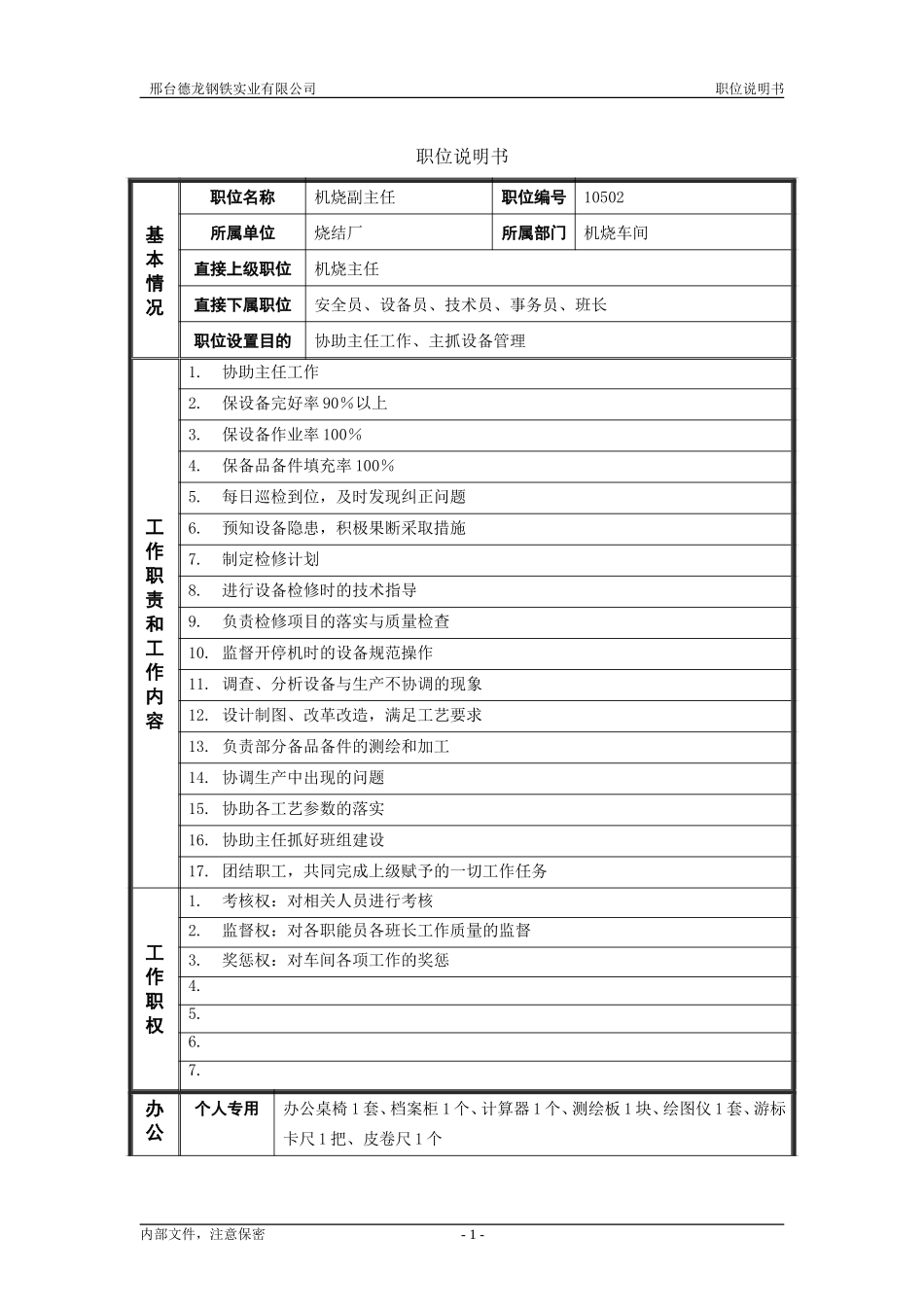 烧结厂职位说明书－机烧副主任-0621.doc_第1页