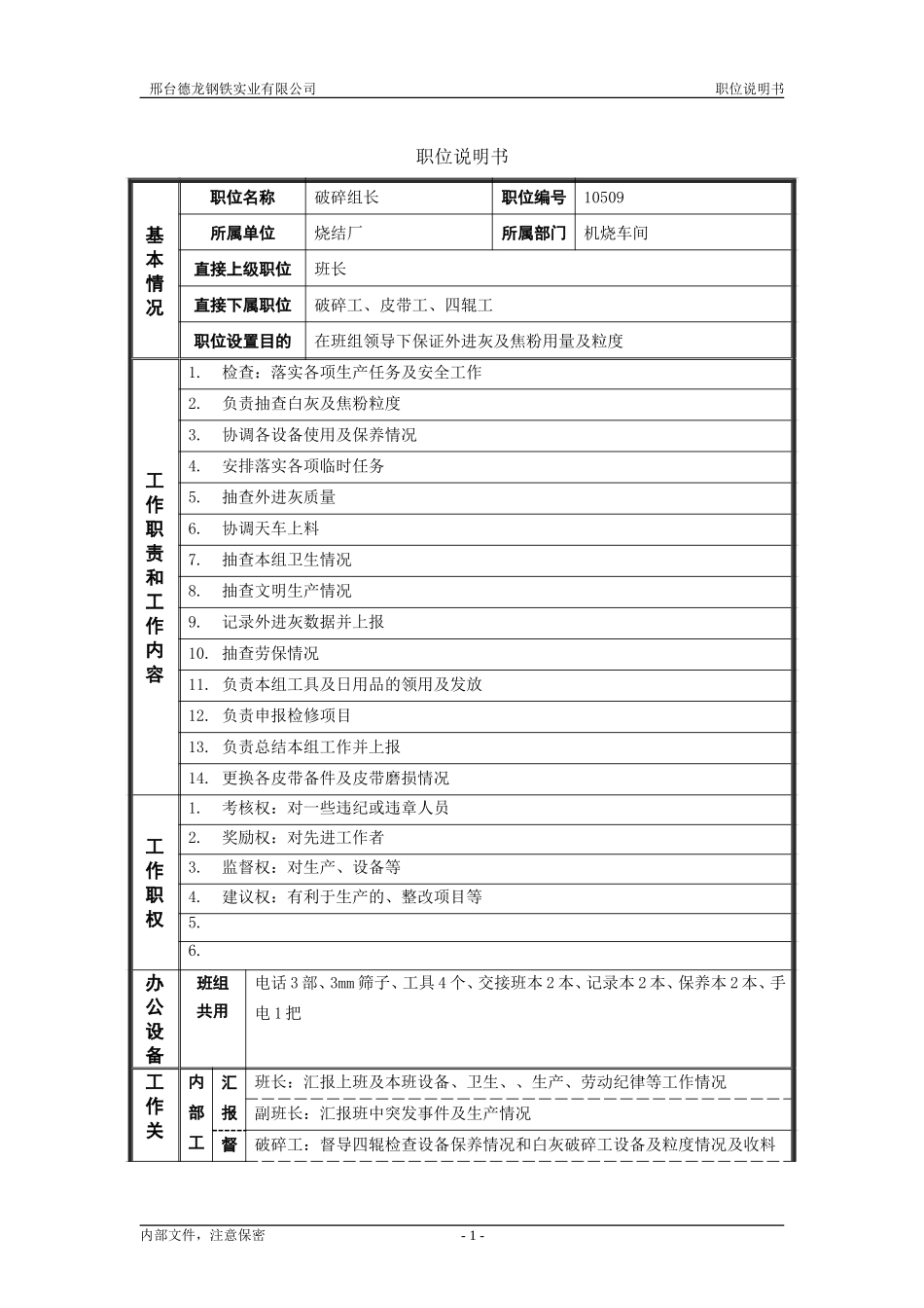 烧结厂职位说明书－破碎组长-0621.doc_第1页