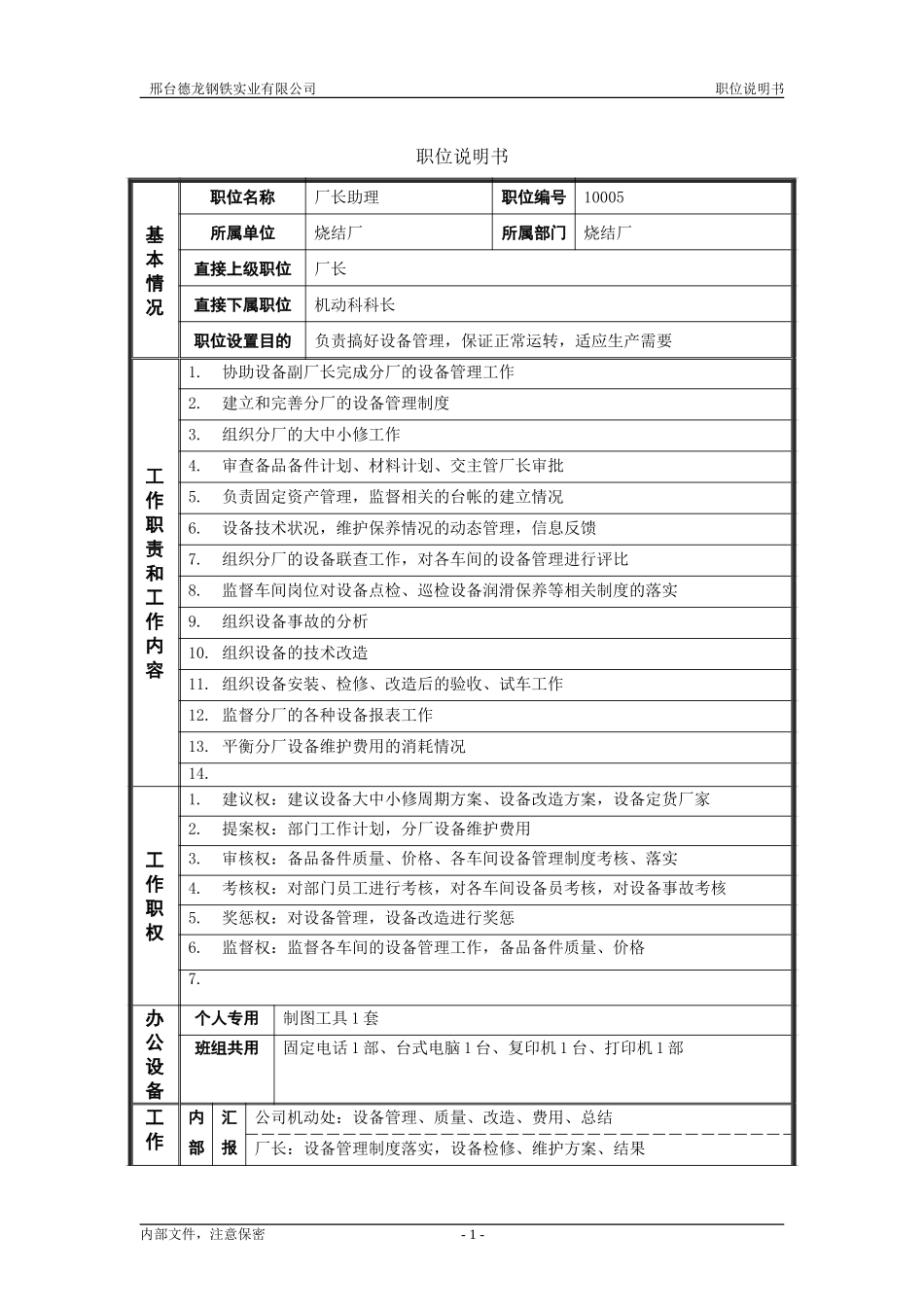 烧结厂职位说明书－设备厂长助理-0719.doc_第1页