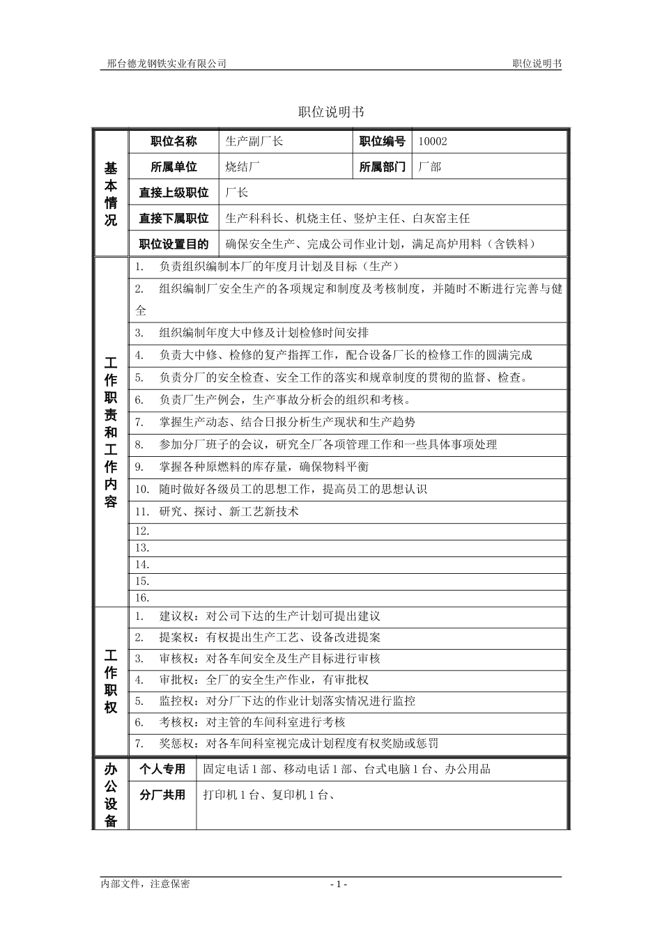 烧结厂职位说明书－生产副厂长-0621.doc_第1页