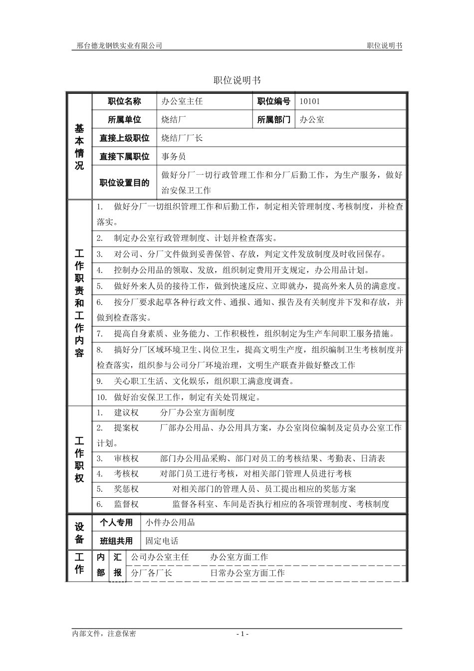 烧结厂职位说明书－办公室主任0716.doc_第1页