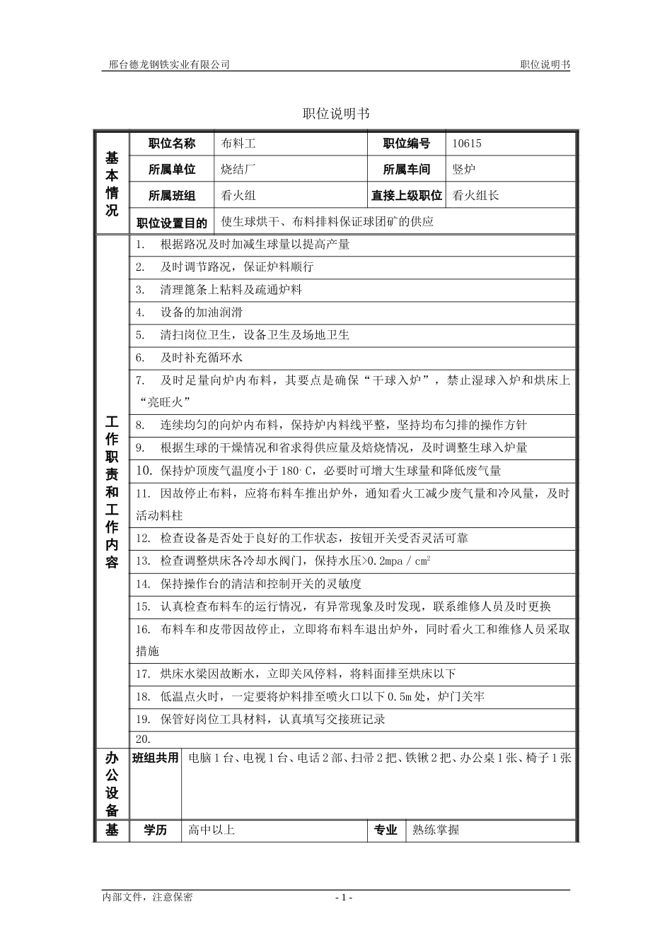 烧结厂职位说明书－布料工-0716.doc_第1页
