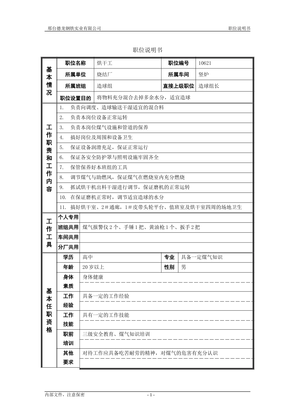 烧结厂职位说明书－烘干工-0716.doc_第1页