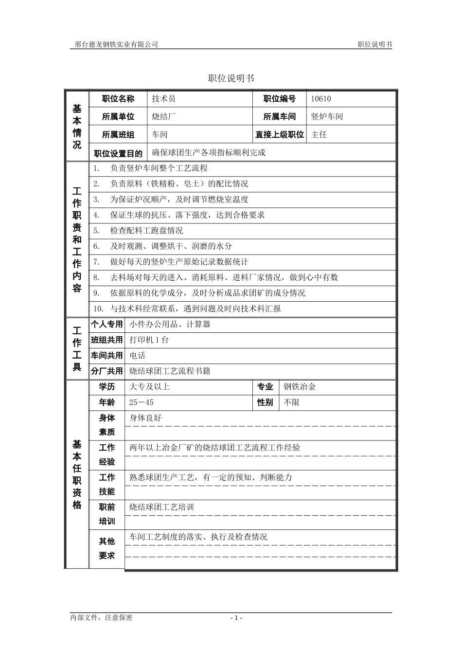 烧结厂职位说明书－技术员.doc_第1页