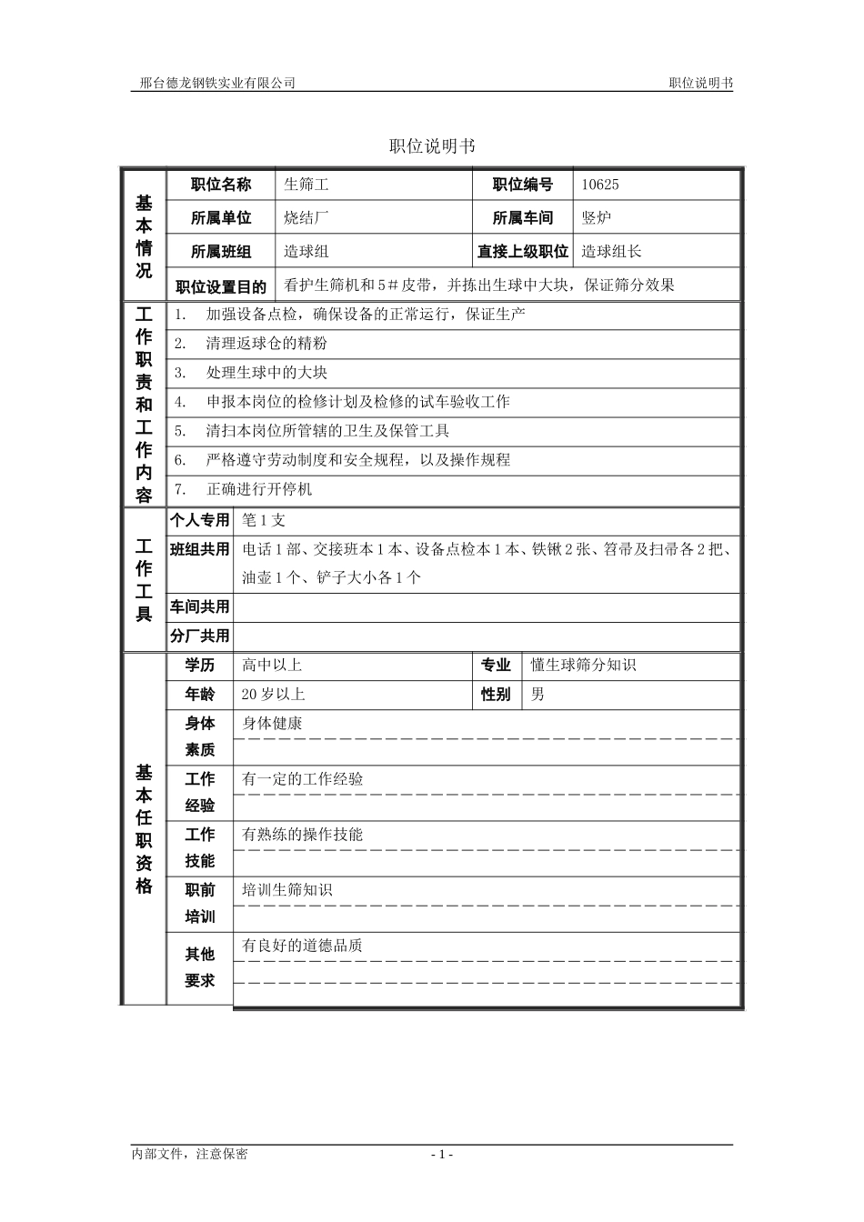 烧结厂职位说明书－生筛工-0716.doc_第1页