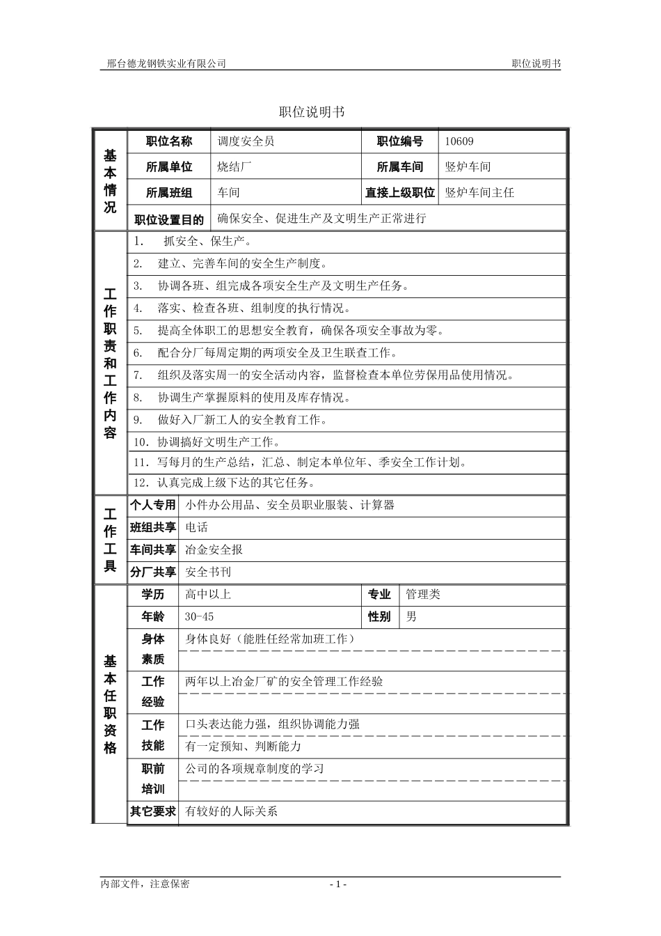 烧结分厂职位说明书－调度安全员0716.doc_第1页