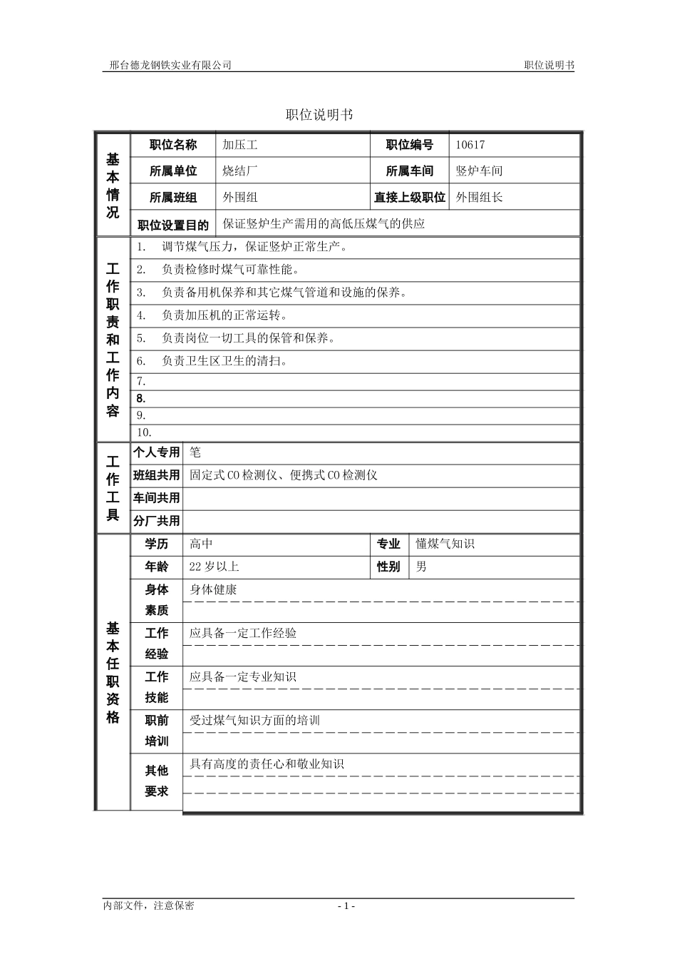 烧结分厂职位说明书－加压工0716.doc_第1页