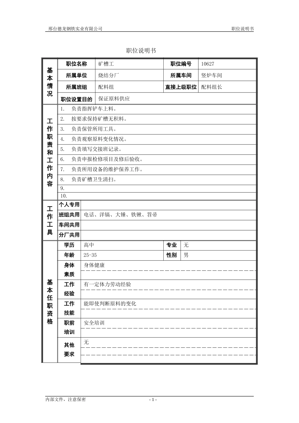 烧结分厂职位说明书－矿槽工0617.doc_第1页