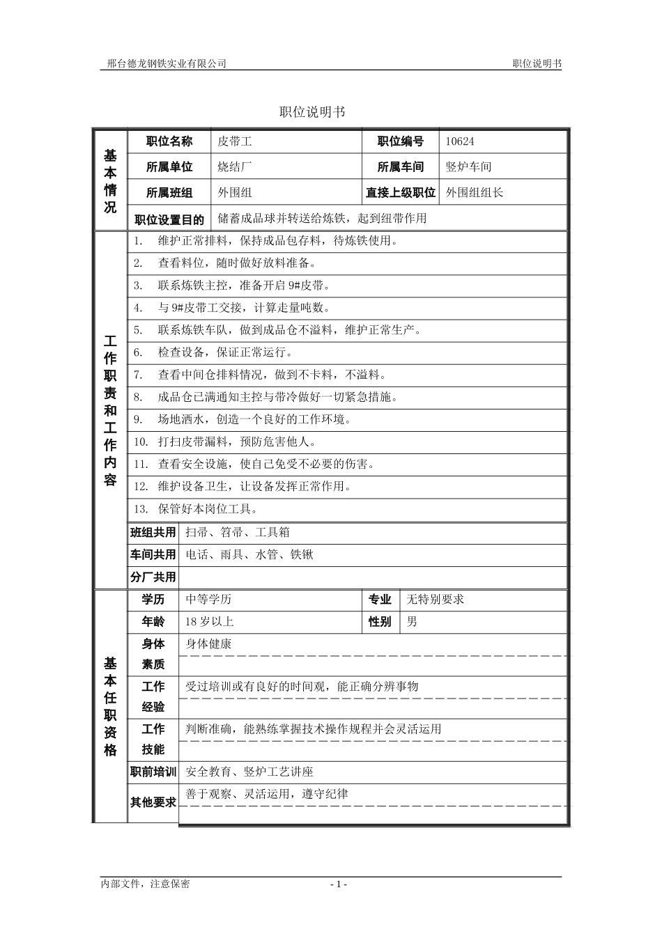 烧结分厂职位说明书－皮带工0716.doc_第1页