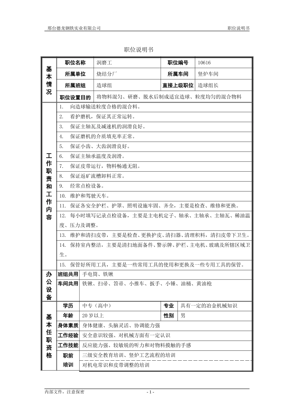烧结分厂职位说明书－润磨工0617.doc_第1页