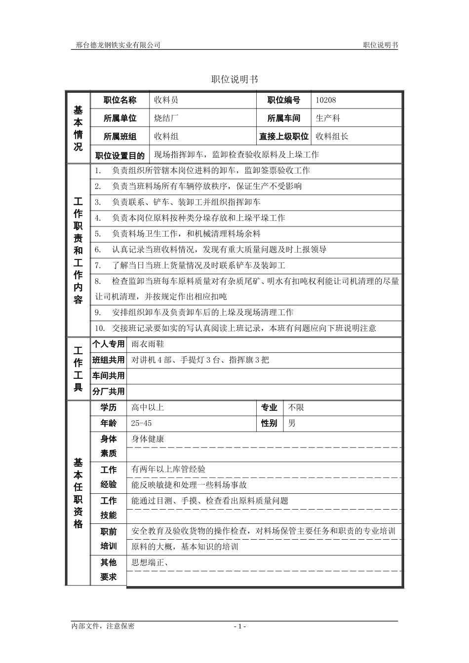 烧结厂厂职位说明书－收料员－0716.doc_第1页