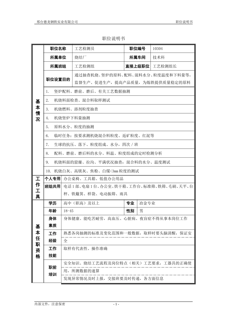 烧结厂职位说明书－工艺检测员-0614.doc_第1页