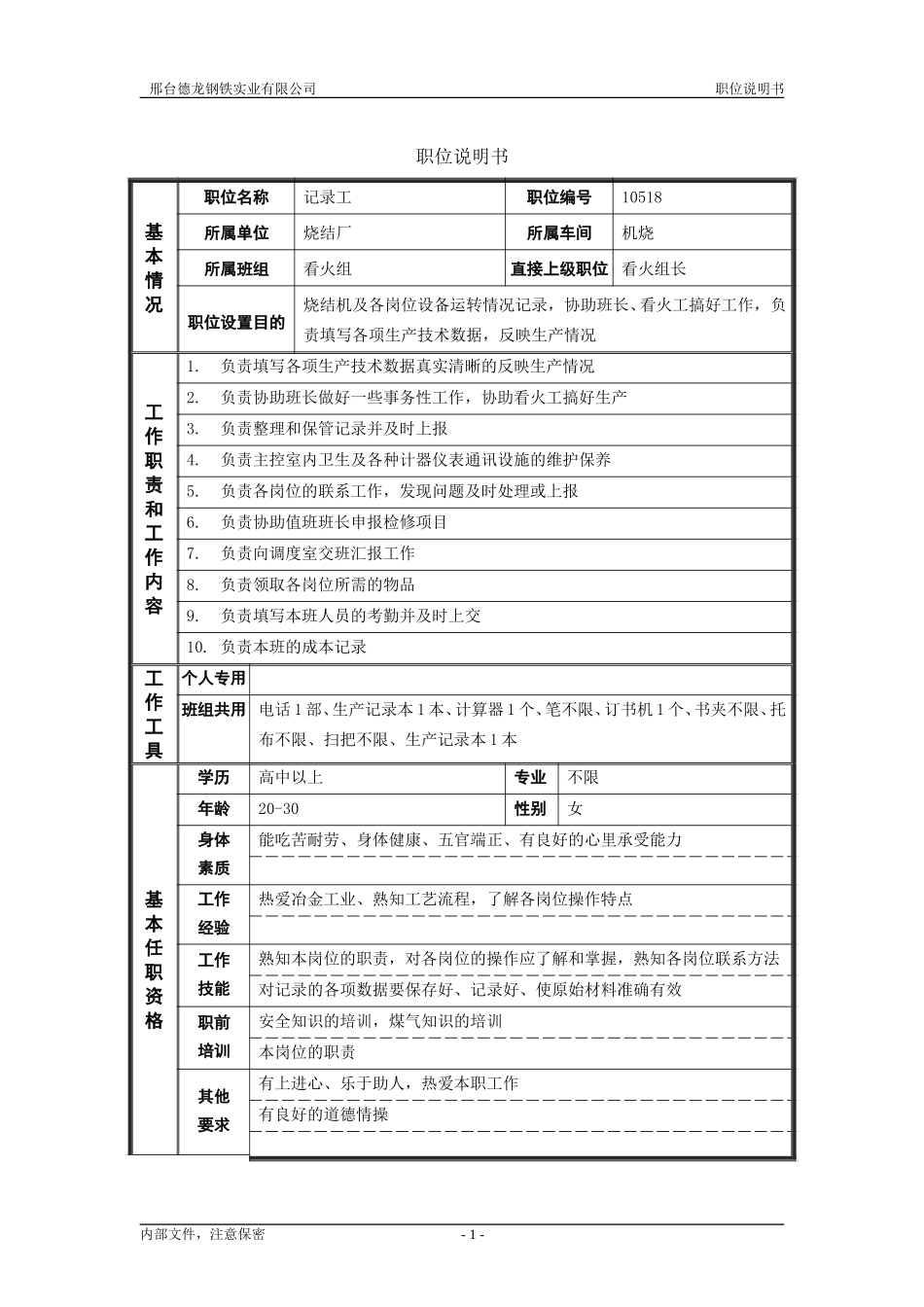 烧结厂职位说明书－记录工-0616.doc_第1页