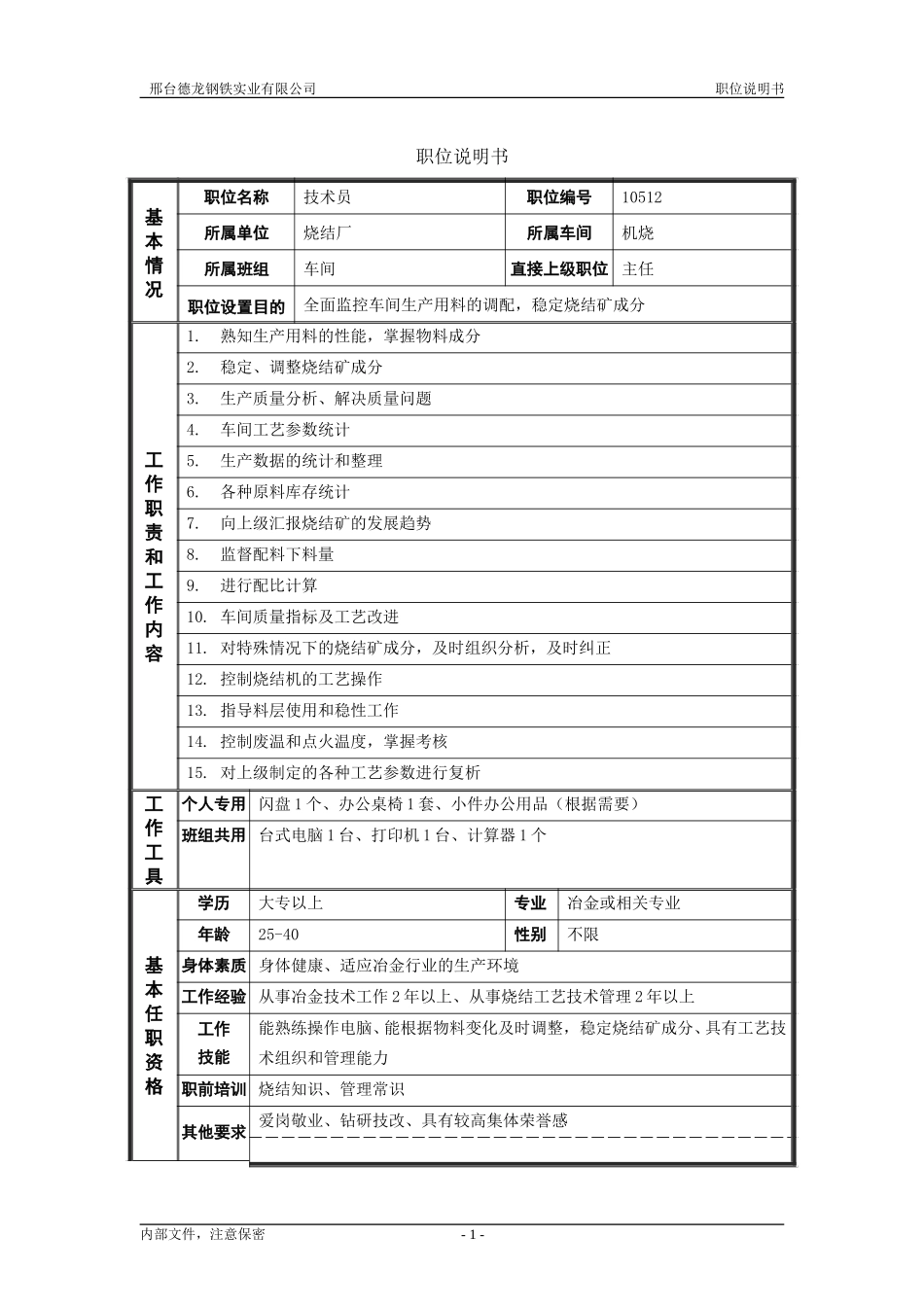 烧结厂职位说明书－技术员-0616.doc_第1页