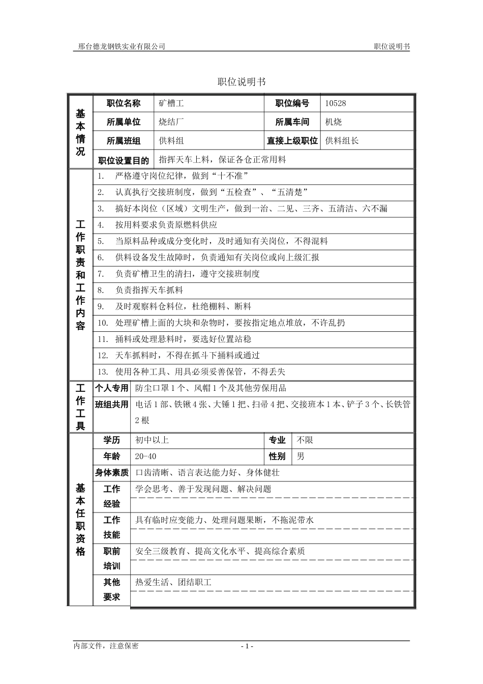 烧结厂职位说明书－矿槽工-0616.doc_第1页