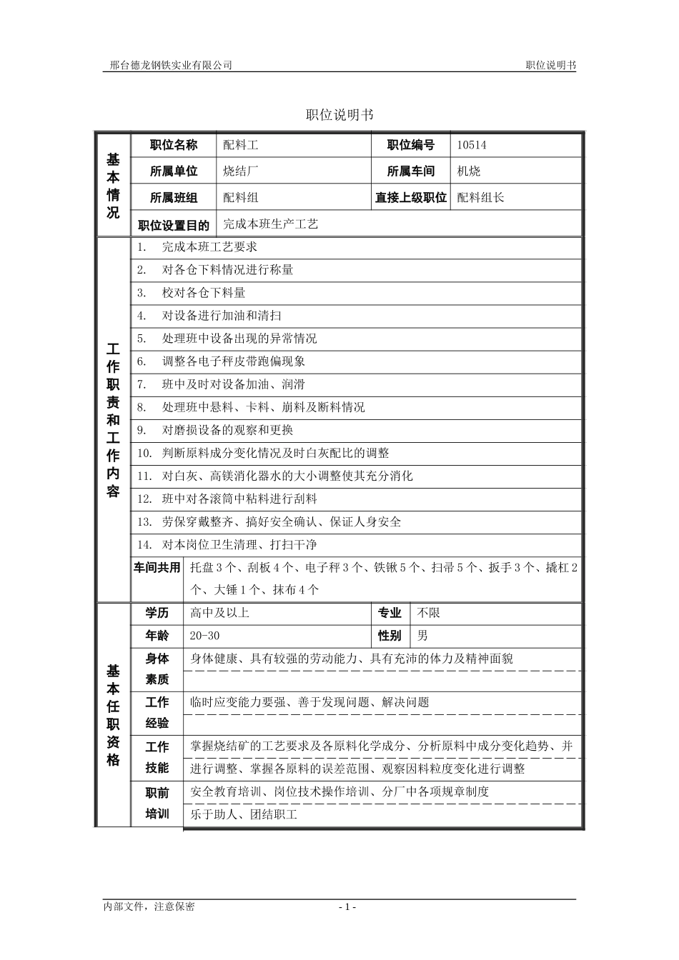 烧结厂职位说明书－配料工-0615.doc_第1页