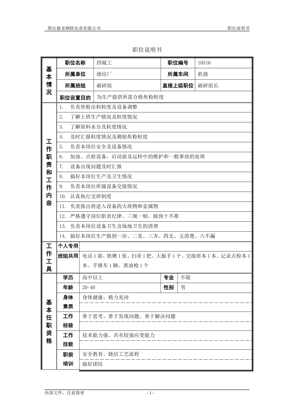 烧结厂职位说明书－四辊工-0616.doc_第1页