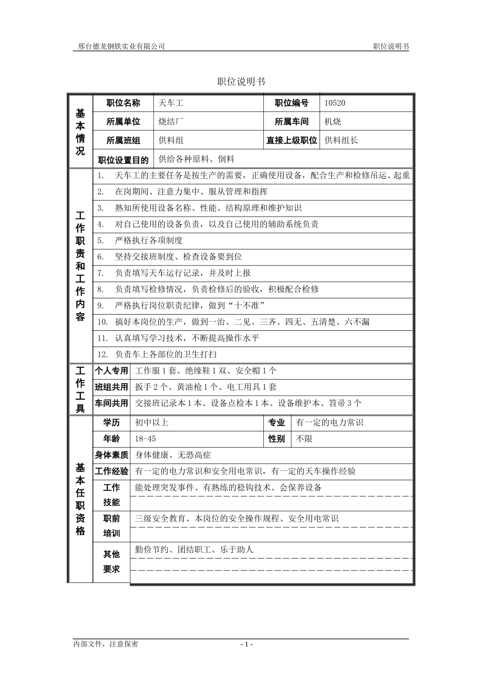 烧结厂职位说明书－天车工-0616.doc_第1页