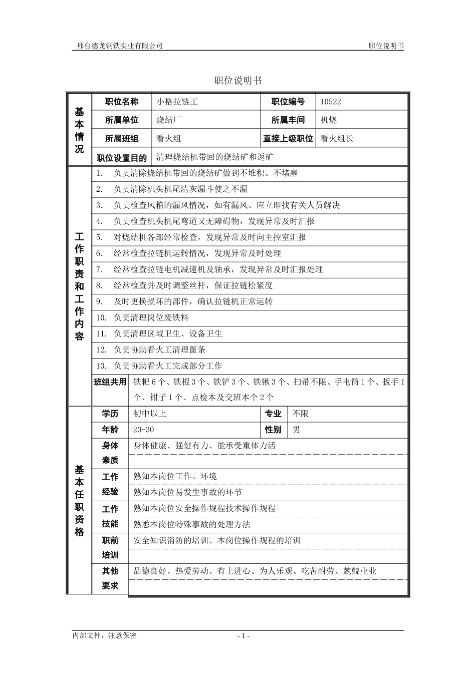 烧结厂职位说明书－小格拉链工-0616.doc_第1页