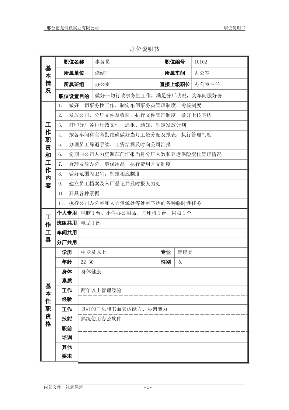 烧结厂厂职位说明书－厂事务员-0614.doc_第1页
