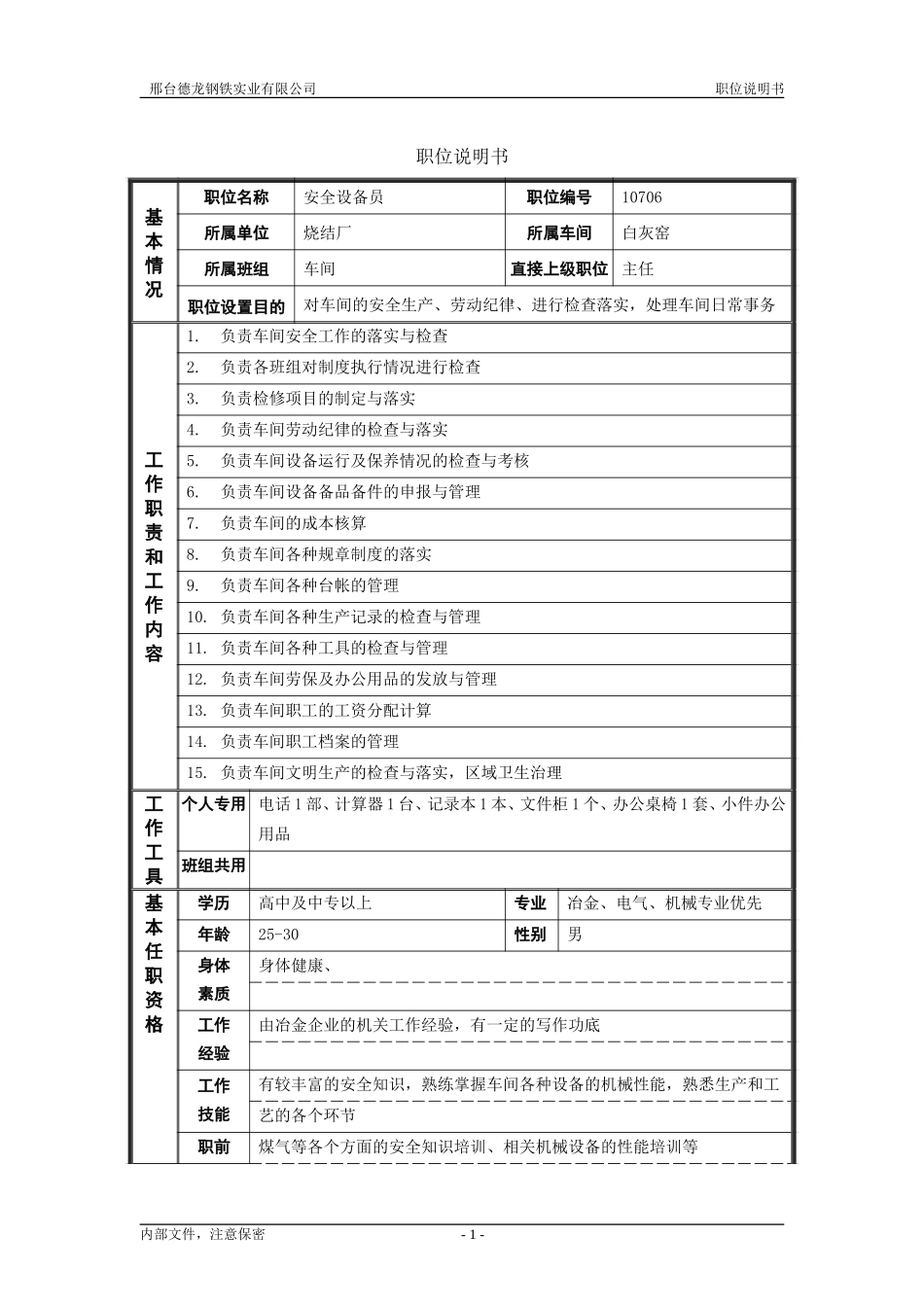 烧结厂职位说明书－安全设备员-0716.doc_第1页