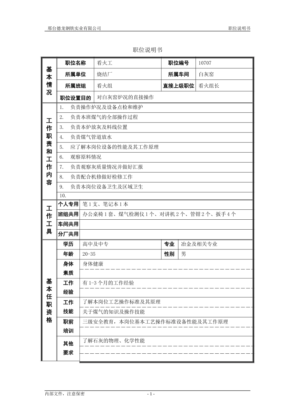 烧结厂职位说明书－白灰窑看火工-0716.doc_第1页