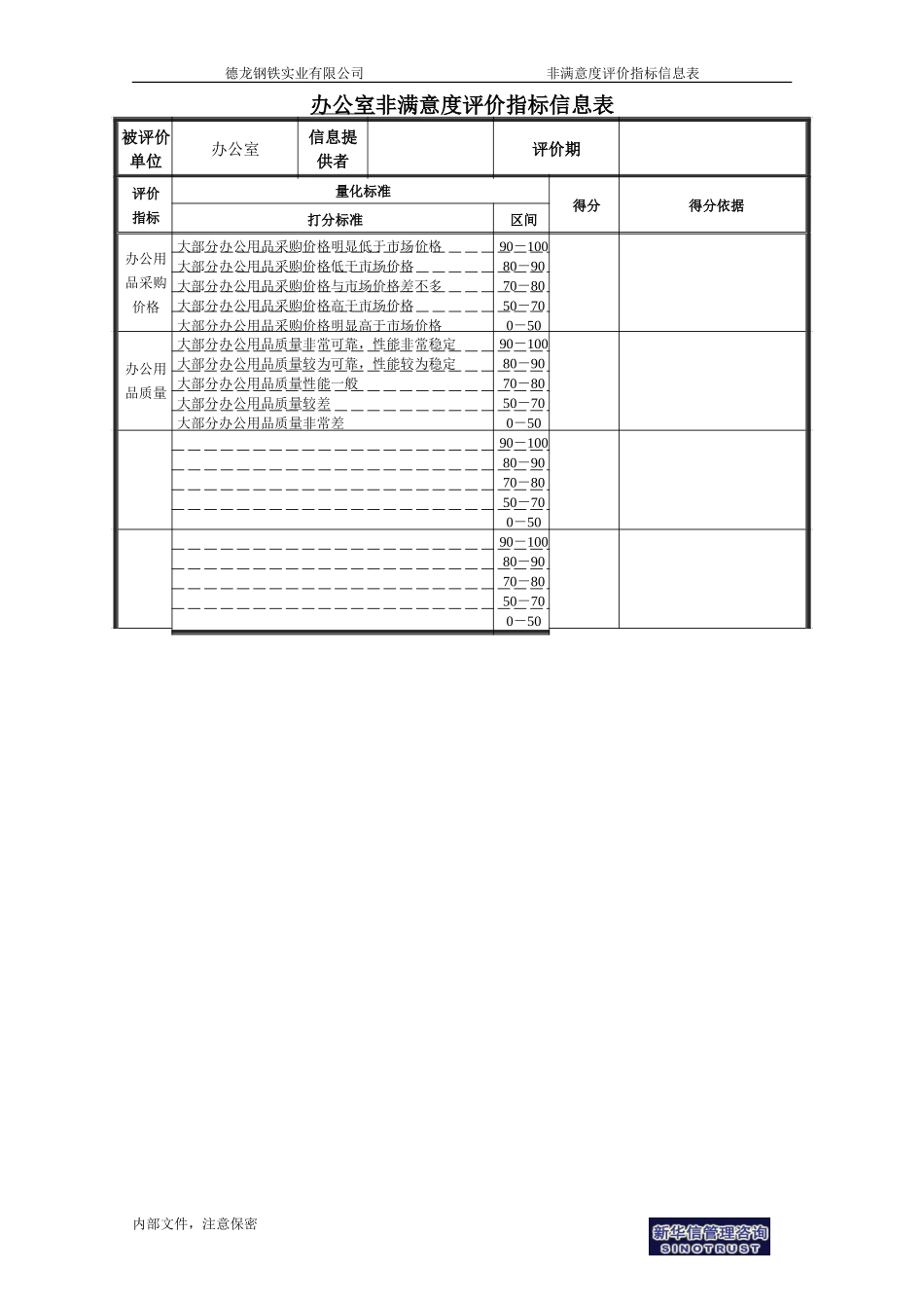 办公室非满意度评价指标信息表.doc_第1页