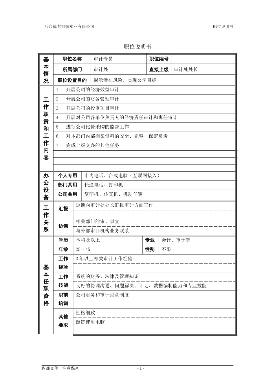 职位说明书－审计专员.doc_第1页