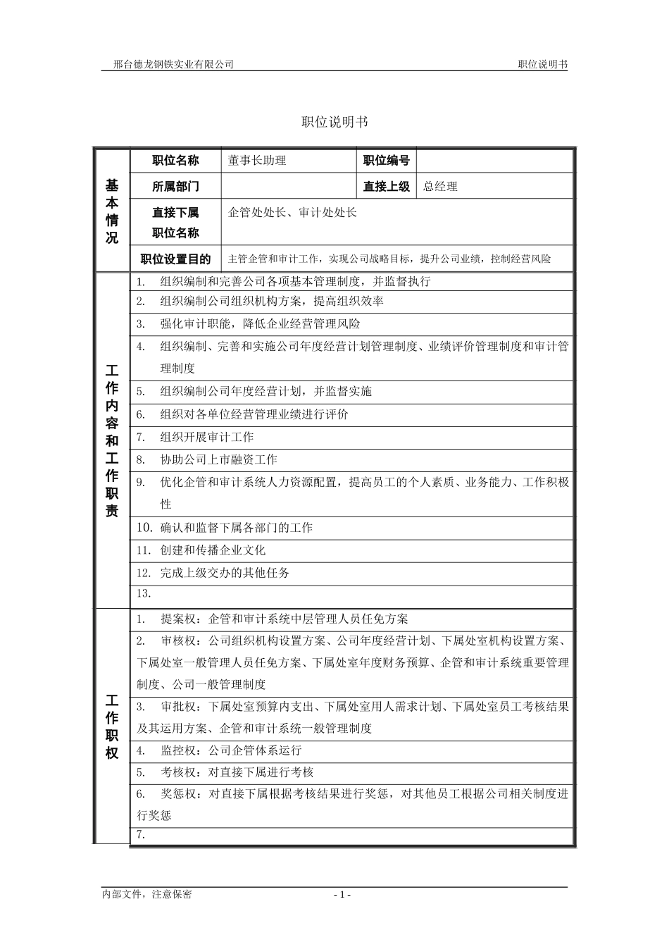 董事长助理－职位说明书.doc_第1页