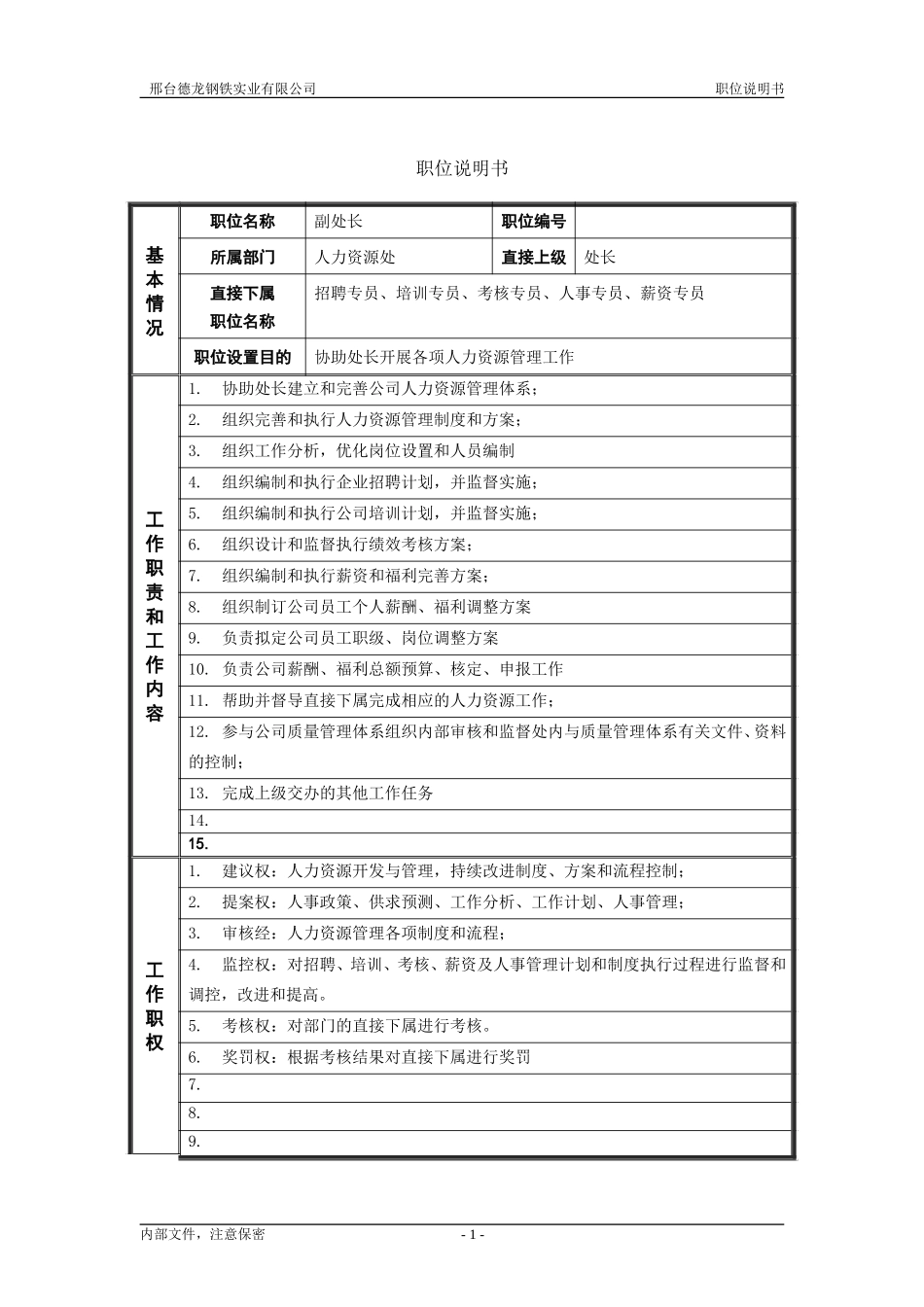人力资源处副处长职位说明书.doc_第1页