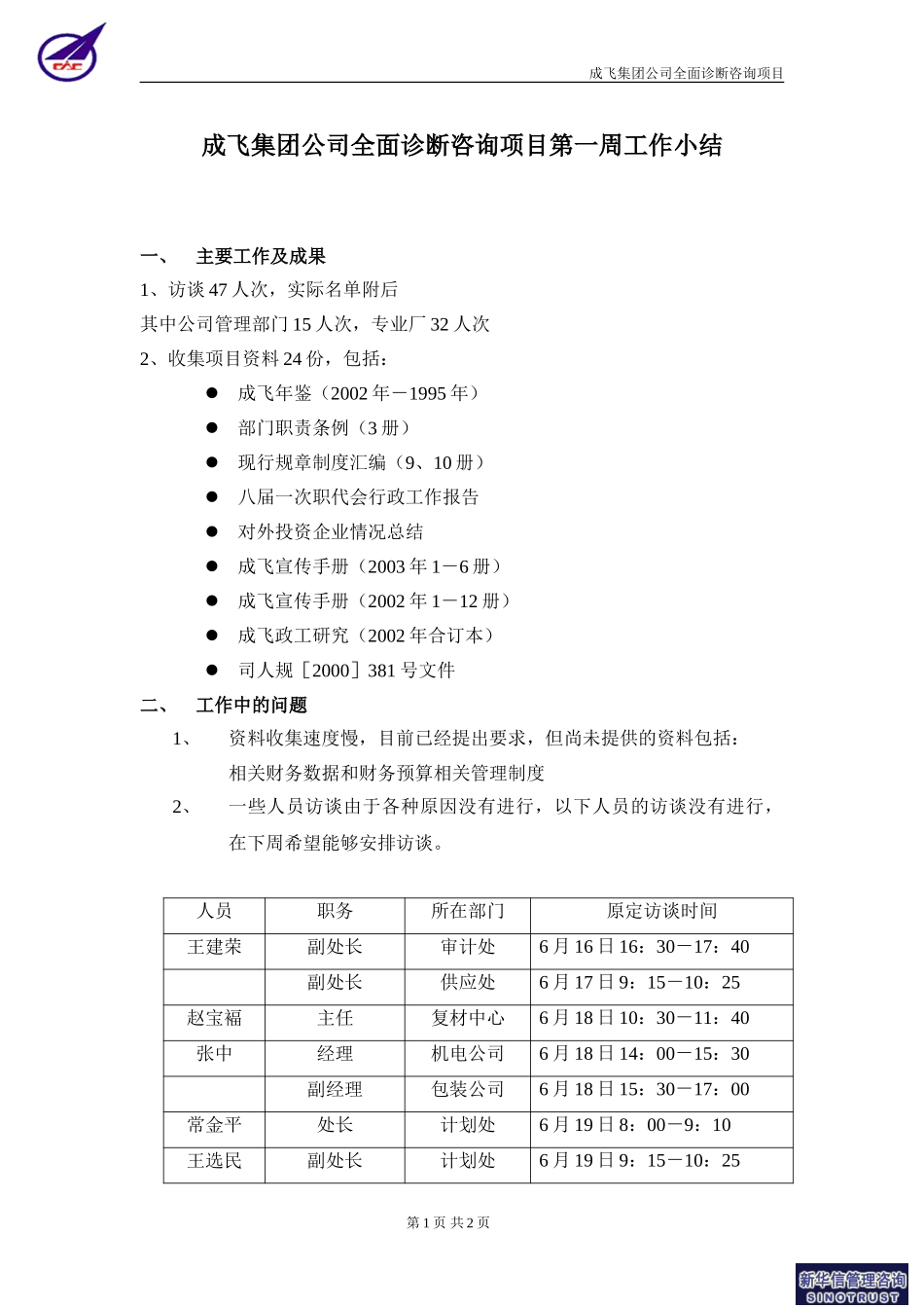 成飞集团公司全面诊断咨询项目第一周工作小结0620－新华信.doc_第1页