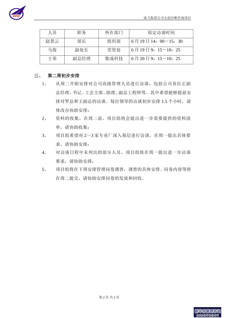 成飞集团公司全面诊断咨询项目第一周工作小结0620－新华信.doc_第2页