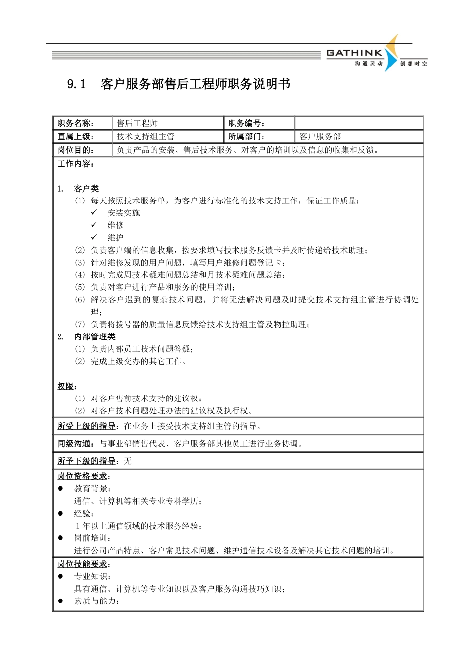 客户服务部技术支持组售后工程师.doc_第1页