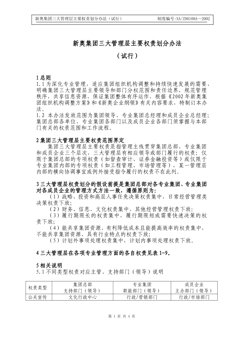X新奥集团三大管理层主要权责划分方案.DOC_第1页