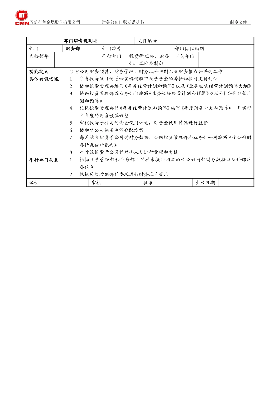 财务部部门职责说明书.doc_第1页