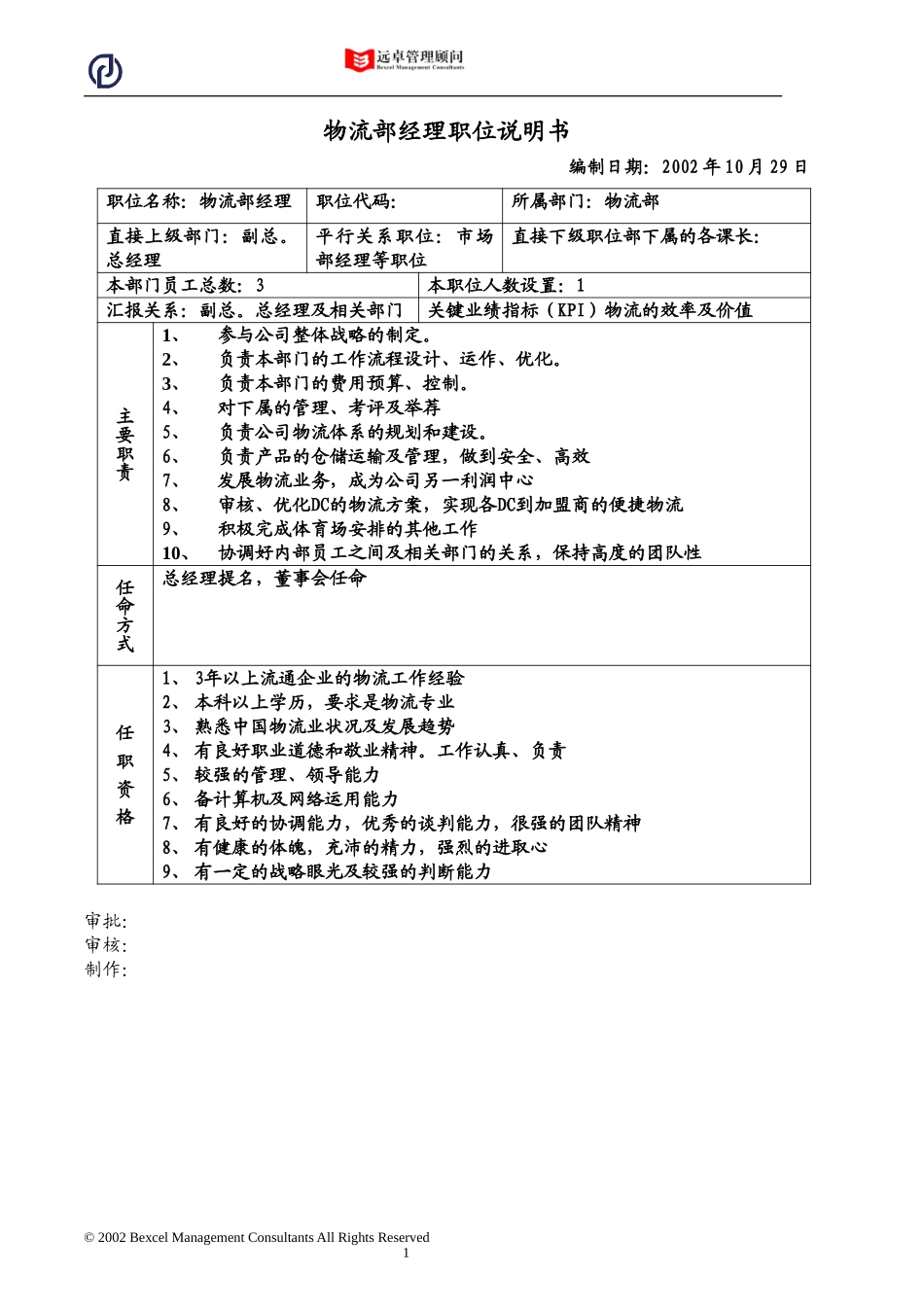 物流部经理职位说明书.doc_第1页
