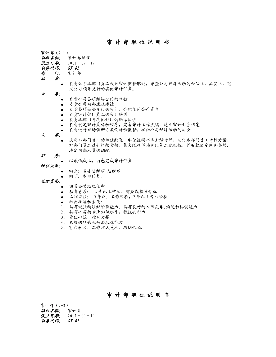 审计部职位说明书－远卓1004.DOC_第1页