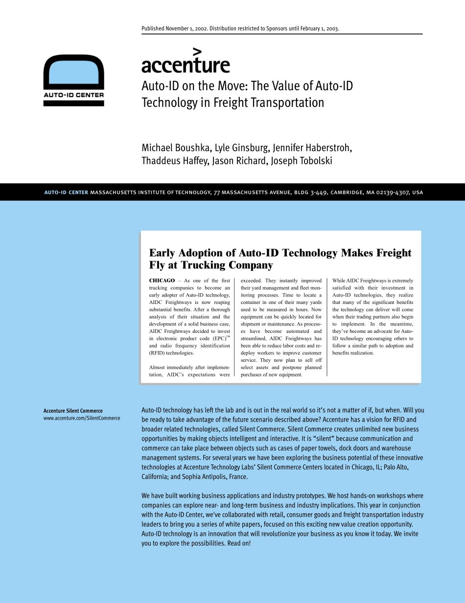 埃森哲《Auto-ID on the Move：The Value of Auto-ID Technology in Freight Transportation》28页.pdf_第1页