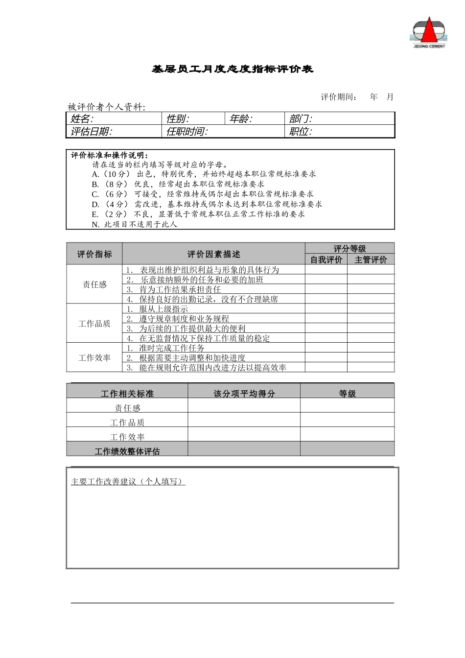 基层员工月度态度指标评价表.doc_第1页